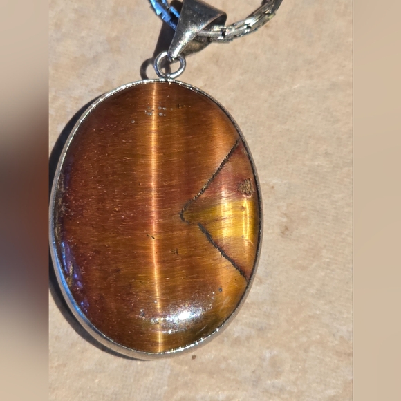 Vintage Sterling Silver necklace,oval shapped tiger's eye gemstone - Picture 3 of 9